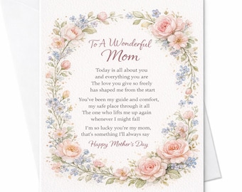 Cartão de Dia das Mães para uma Mãe Maravilhosa | Cartão Sentimental para Mãe | Cartão Floral para Presente | Cartão com Poema Amoroso para Mãe | Cartão Elegante para Mãe C445