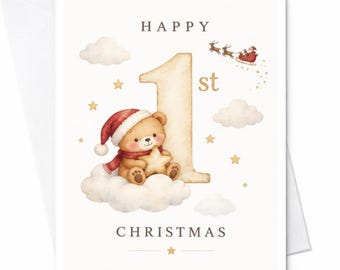 Fijne eerste kerst! Schattige teddybeerkaart, eerste kerstkaart voor de baby, lieve kerstkaart voor kersverse ouders C8604