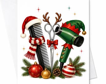 Christmas Hair Stylist Card, Salon Christmas Card With Hair Dryer Scissors And Comb, Holiday For Hairdresser C2670