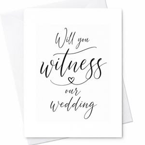 May include: A white card with the text "Will you witness our wedding" in elegant black script. The card is inside a white envelope, perfect for wedding invitations or announcements.