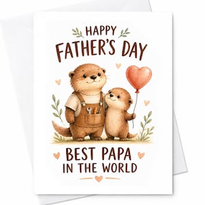 Glad fars dag-kort med världens bästa pappa. Söt pappakort med djurmotiv. Pappakort med utter från barn. Söt pappakort. Fars dag-present. C1372.