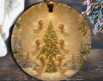 Engelen die een kerstboom versieren, kerstdecoratie, schattige engelenscène, winterwonderland kerstdecoratie O892