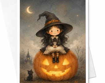 Leuke heks op een pompoen Halloween wenskaart met zwarte kat in vintage stijl voor kinderen, griezelige herfstkaart C3926