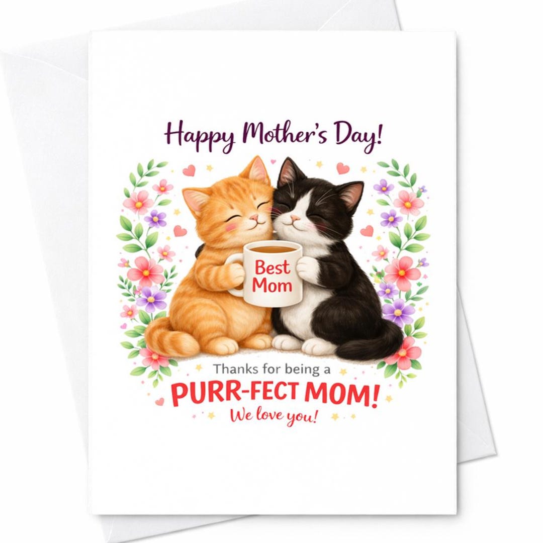 Cute Cat Mothers Day Card Two Cats Best Mom Mug Purrfect Mom Funny Cat ...