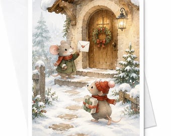 かわいいネズミのクリスマスカード 冬の風景 ホリデーグリーティングカード 愛らしい動物のイラスト 子供 家族 祝祭シーズン C4065