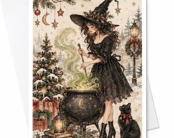 Heksenkerstkaart Betoverende feestelijke wenskaart met heksenketel en kat Wintertafereel voor magieliefhebber C7945