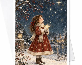 Kerstkaart met meisje dat een ster vasthoudt, winterse scène, feestelijke wenskaart voor haar, illustratie van een besneeuwde nacht, schattige seizoenskaart C8584