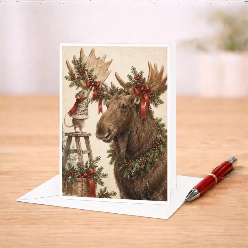 Moose and Mouse Christmas Card Cute Holiday Greeting Card Woodland ...