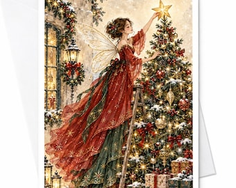 Kerstkaart met fee die een kerstboom versiert, feestelijke kerstkaart voor haar, magische winterscène C8157