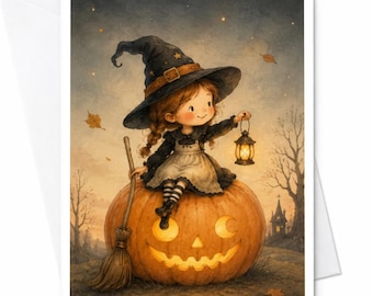 Leuke heks op een pompoen Halloween wenskaart in vintage stijl voor kinderen Trick or Treat herfstillustratie heksenliefhebber C3925