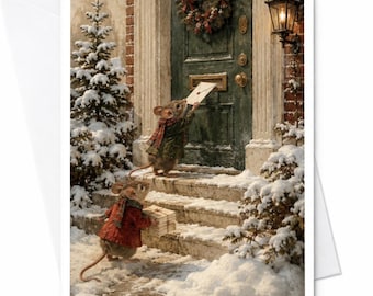 Mice Delivering Letters Christmas Card Cute Holiday Greeting Card Winter Scene For Family Friends Festive Snowy C4134