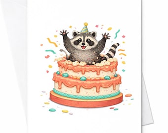 Cute Raccoon Birthday Card Raccoon In Cake Birthday Card Funny Animal Birthday Card Cute Birthday Gift For Friend Kids Birthday Card C349