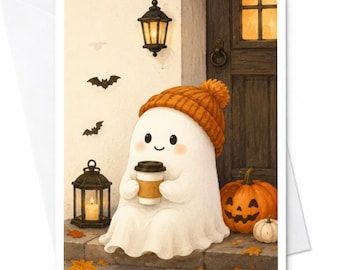 Schattige spook met koffie Halloween wenskaart Gezellige herfstscène voor een vriend(in) Spooky seizoenskaart Pompoenlantaarn C3920