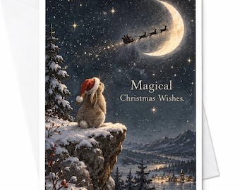 魔法のようなクリスマスの願い かわいいうさぎのクリスマスカード サンタ帽 冬景色 ホリデーグリーティングカード 家族や友人向け C7533