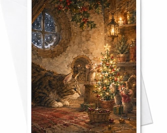 Kerstkaart met kat en muis. Leuke kerstkaart voor dierenliefhebbers. Feestelijke winterscène met boom en cadeautjes. C5330