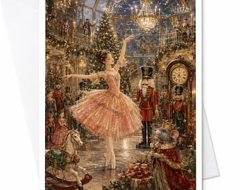 Kerstkaart met een scène uit het ballet De Notenkraker, elegante feestkaart voor haar, feestelijke ballerina-kaart, seizoenskunstkaart C5936