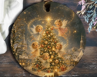 Engelen die de kerstboom versieren, kerstdecoratie, schattige sprookjesscène, winterwonderland, kerstornament, cadeau O890