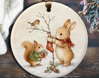 Konijn en eekhoorn kerstornament, schattige bosdieren, kerstdecoratie, wintertafereel, hangende decoratie voor natuurliefhebbers O503