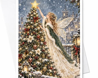 Kerstkaart met feeën die een kerstboom versieren, betoverende kerstkaart, winterwonderland kunst voor haar, magische kerstkaart C8158