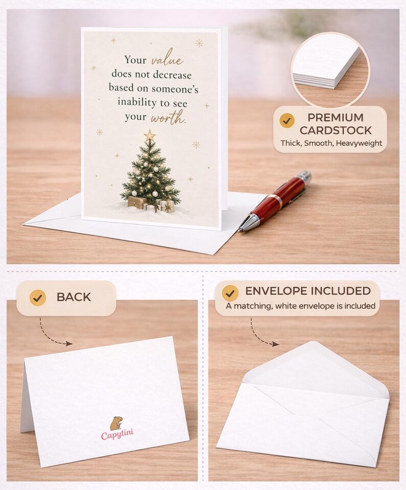 Your Value Does Not Decrease Christmas Card Inspirational Holiday Greeting Card With Tree For Friend Family Motivational C8261 image 3