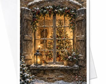 Kerstetalage wenskaart, gezellige feestkaart, winterlantaarn, besneeuwde boom, feestelijke seizoenskaart voor vriend of familie C5513