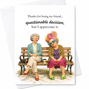 Op de afbeelding: Grappige wenskaart met een illustratie van twee oudere vrouwen op een parkbank. Eén draagt een turquoise vest, de ander een jas met luipaardprint en kleurrijk haar. De kaart leest: "Bedankt dat je mijn vriend bent... twijfelachtige beslissing, maar ik waardeer het."