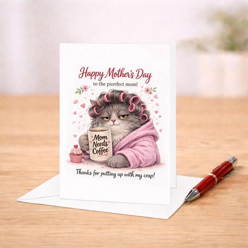 Funny Cat Mothers Day Card Purrfect Mom Coffee Cat Card Mom Needs ...