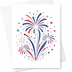 May include: White greeting card featuring a red, white, and blue firework design. The illustration shows stylized bursts and star accents, suitable for patriotic celebrations.