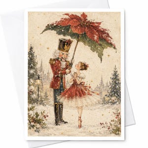 Op de afbeelding: Een wenskaartillustratie met een notenkraker in een rood uniform die een grote rode kerststerbloem als paraplu vasthoudt boven een ballerina in een rood-witte jurk. De scène speelt zich af in een besneeuwd landschap met dennenbomen.