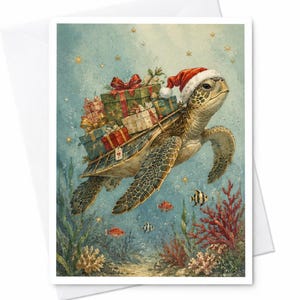 May include: A sea turtle swimming underwater wearing a red and white Santa hat. The turtle carries a stack of wrapped gift boxes with ribbons on its shell. The scene includes colorful coral, small fish, and golden star shapes in the water.