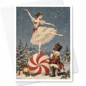 Peut inclure: Une illustration de carte de vœux montrant une ballerine en robe de dentelle crème dansant sur un gros bonbon à la menthe rouge et blanc. Un casse-noisette en uniforme rouge est agenouillé à côté dans un paysage enneigé avec des sapins.