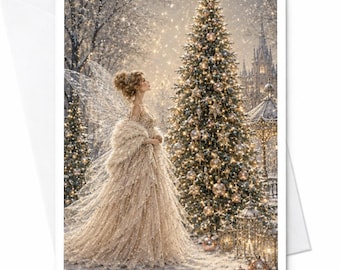 Sprookjesachtige kerstkaart, elegante kerstkaart met een winterwonderlandtafereel voor haar, betoverende kerstkaart met fantasiekunst C5128