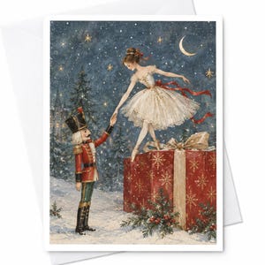 Peut inclure: Une illustration de carte de vœux montrant un casse-noisette en uniforme rouge tenant la main d'une ballerine en robe blanche, debout sur un grand cadeau rouge à motifs de flocons dorés, sous un ciel nocturne enneigé avec un croissant de lune.