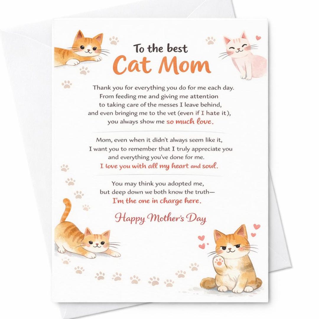 Cat Mom Mother’s Day Card From Cat Funny Cute Cat Card Best Cat Mom ...