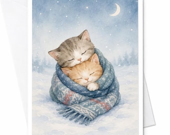 Kerstkaart met schattige kittens en een sjaal, winterse kerstkaart voor kattenliefhebbers, schattige dierenkerstkaart C4220