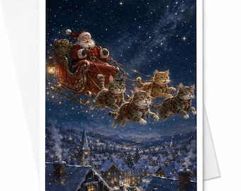 Kerstkaart met de Kerstman en katten in een slee. Leuke kerstkaart voor kattenliefhebbers. Grappige feestelijke kaart. Kerstkaart voor dierenliefhebbers. C5274
