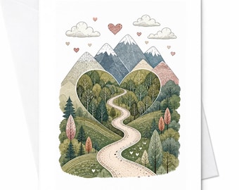 Hartvormige trouwkaart met berglandschap, romantische natuurscène voor een stel, jubileumkaart, liefdeskaart, schattige buitenkaart C3256