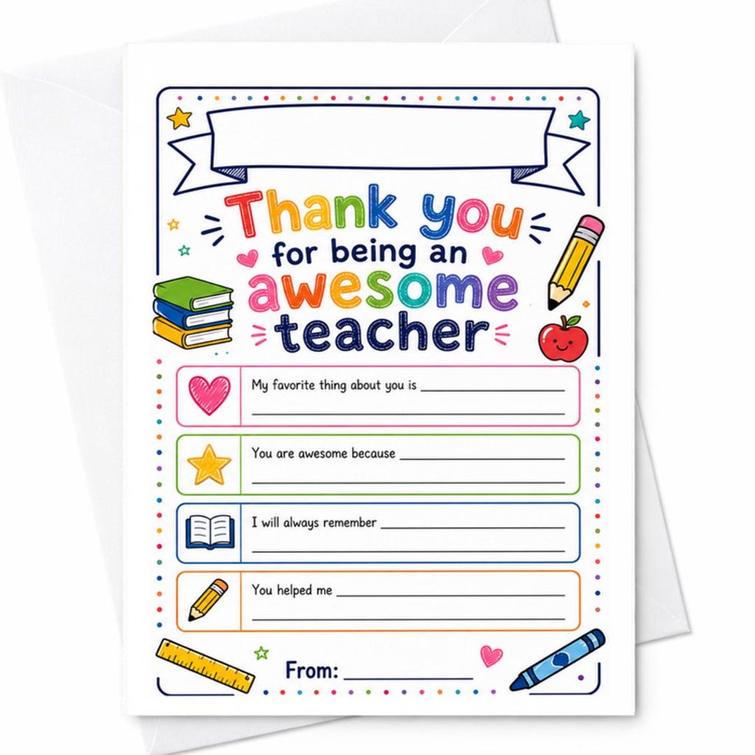 Thank You for Being an Awesome Teacher Fill in Appreciation Worksheet ...