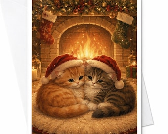 かわいい子猫のクリスマスカード、暖炉のある居心地の良い風景、猫好きのためのホリデーグリーティングカード、サンタ帽をかぶった愛らしいお祝いの猫たち C5823