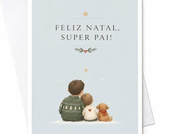 メリークリスマス、スーパーパパ！クリスマスカード お父さんへのホリデーグリーティング かわいい家族のイラスト入りお祝いカード 子供から C8708