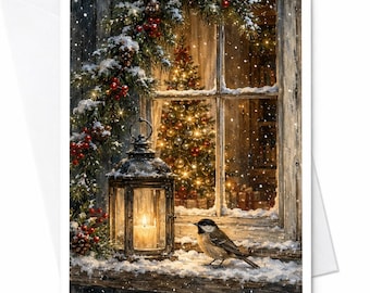 Kerstkaart met wintertafereel, gezellige lantaarn, vogel, feestkaart voor natuurliefhebbers, besneeuwd raam, feestelijke seizoenskaart C5514