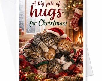 クリスマスにたくさんのハグを！かわいい猫のクリスマスカード、猫好きのための祝祭的なホリデーグリーティングカード、居心地の良い冬の風景 C6572
