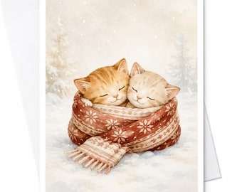 Kerstkaart met schattige kittens in een sjaal, feestelijke wenskaart, winterse kerstkaart voor dierenliefhebbers, schattige kattenkaart C4221