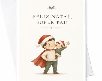 メリークリスマス、スーパーパパ！クリスマスカード かわいいホリデーグリーティングカード パパへ 子供から サンタ帽 父と子 C8707