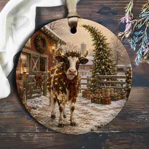 Puede incluir: Un adorno redondo de cerámica con una vaca blanca y negra que lleva una corona y una bufanda de cuadros rojos, envuelta en luces brillantes. La escena muestra una granja nevada con un árbol de Navidad decorado y regalos envueltos.