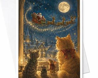 クリスマスカード　サンタのそりを見つめる猫とネズミ　かわいい動物のホリデーグリーティングカード　猫好きのための祝祭的な冬の風景　C5234