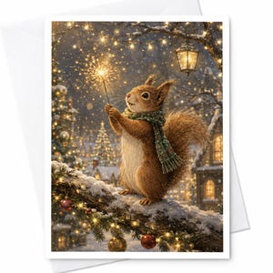 Pode incluir: Um cartão de felicitações com um esquilo castanho a usar um cachecol verde estampado, em pé num ramo coberto de neve. O esquilo segura uma faísca brilhante. O fundo mostra uma aldeia nevada com luzes quentes e uma lanterna suspensa.
