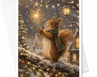 Squirrel With Sparkler Christmas Greeting Card Winter Scene Holiday Card Cute Animal Card For Nature Lover Festive Card C5467