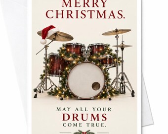 Vrolijk Kerstmis. Moge al je wensen uitkomen. Kerstkaart voor muziekliefhebber/drummer. Feestelijke kerstkaart met muzikaal thema C7305