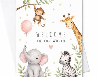 Welcome To The World Cute Newborn Greeting Card Baby Shower Card With Elephant Giraffe Zebra Monkey For New Parents Grandchildren C2609